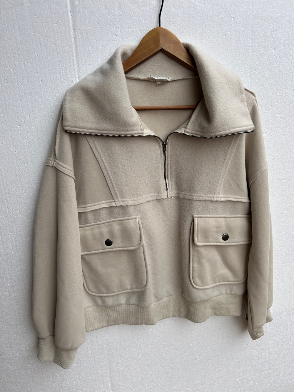 New In Beige Half-Zip Pocket Oversized Collar Raw Edge Seem Detailing Jacket. L